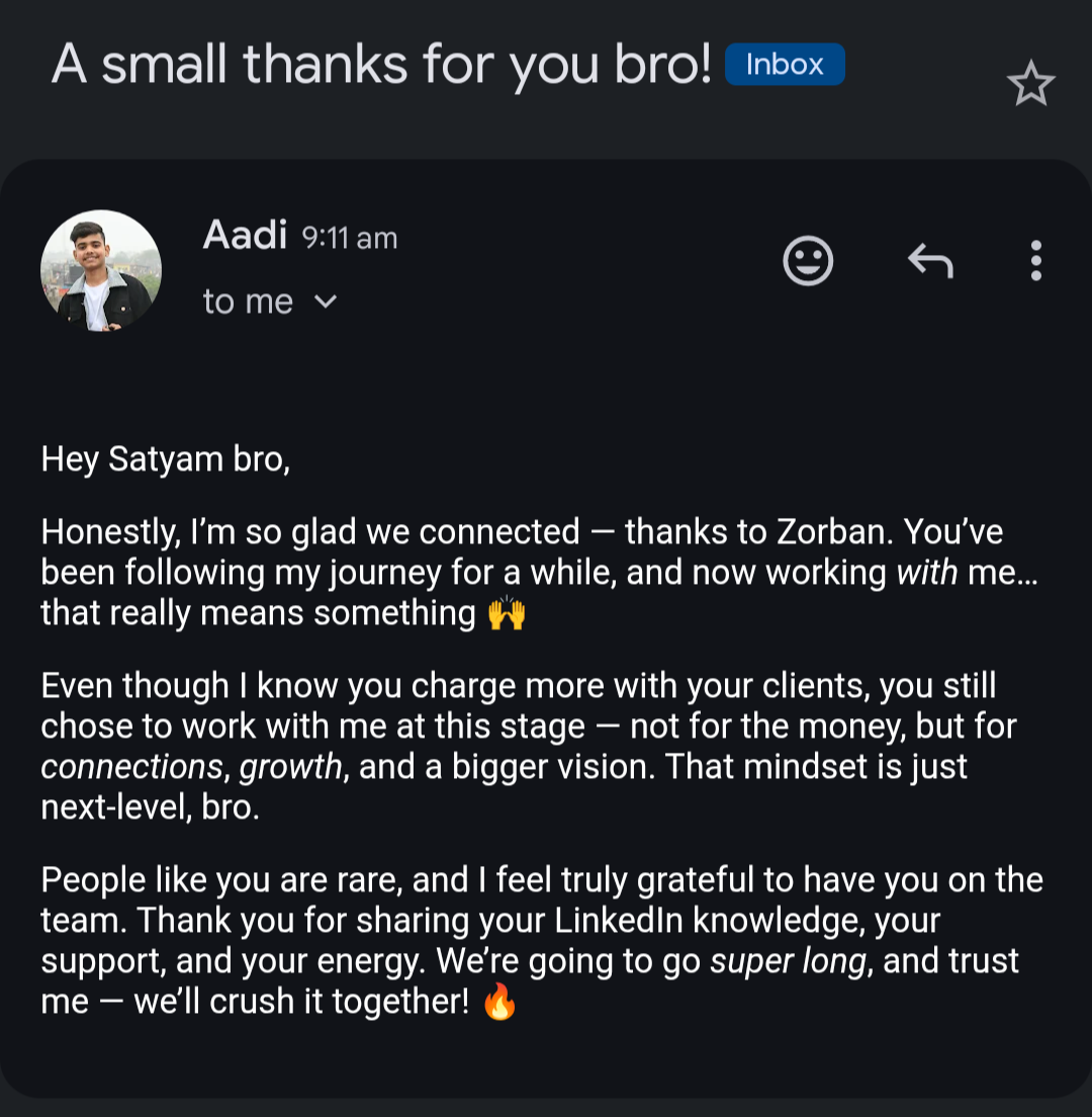 Email from Aaditya Panday thanking Satyam