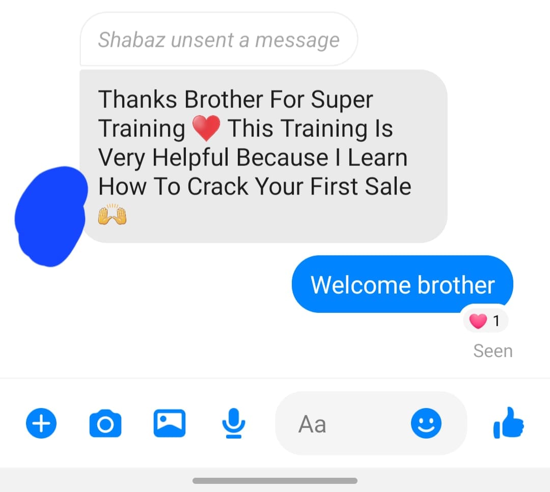 Message from Shabaz thanking Satyam for sales training