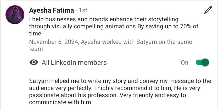 LinkedIn recommendation from Ayesha Fatima