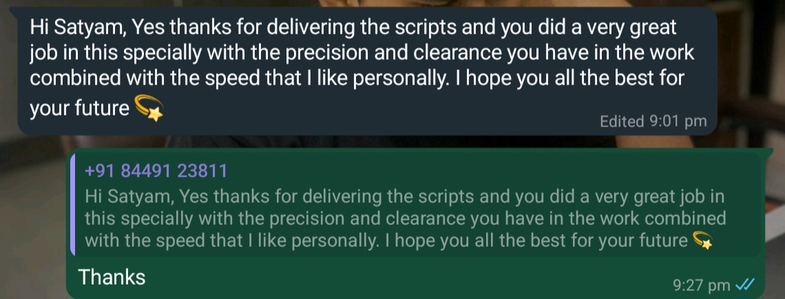 WhatsApp message from Prabhansh about delivered scripts