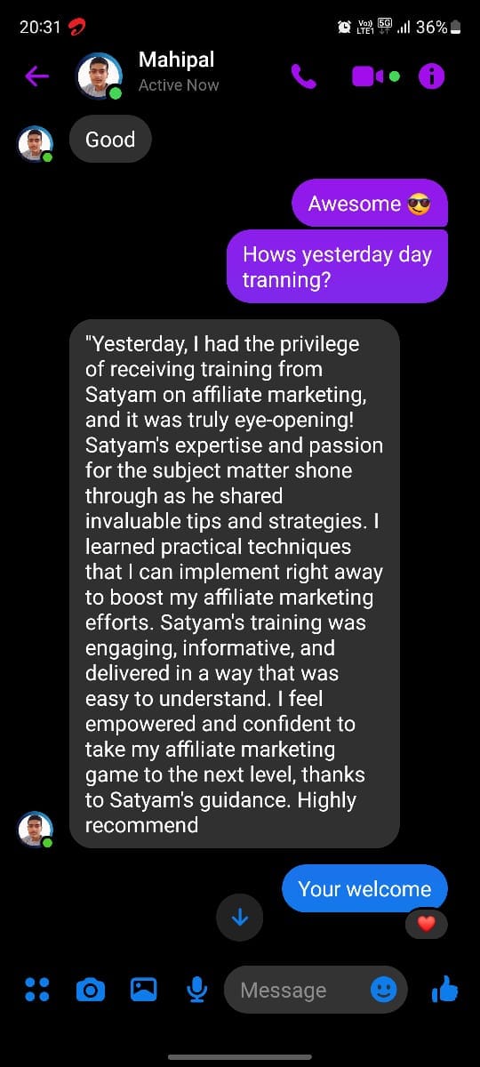 Mahipal's testimonial on affiliate marketing training
