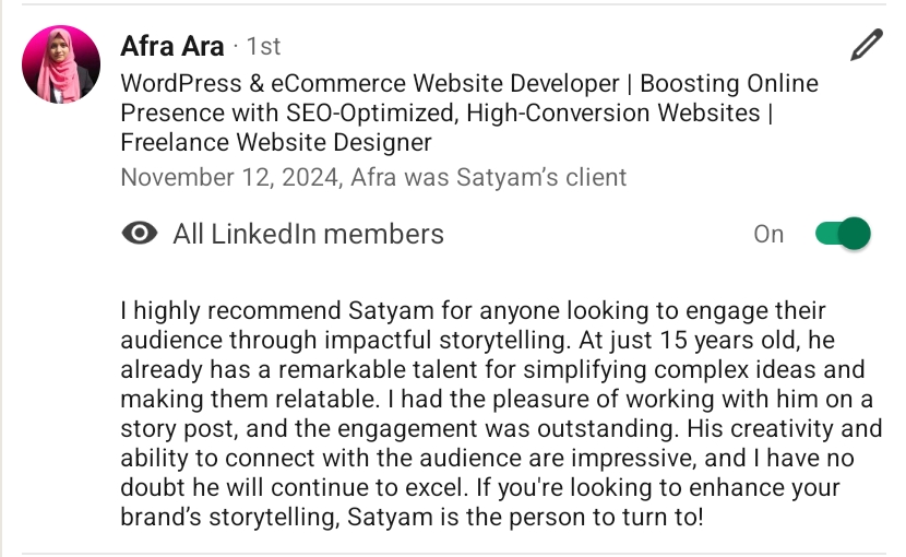 LinkedIn recommendation from Afra Ara